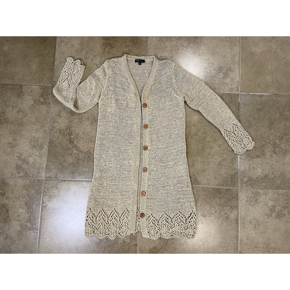 BCBG Max Azria Beige Open Cable Knit Women's Sz L Long Button-Up Cardigan